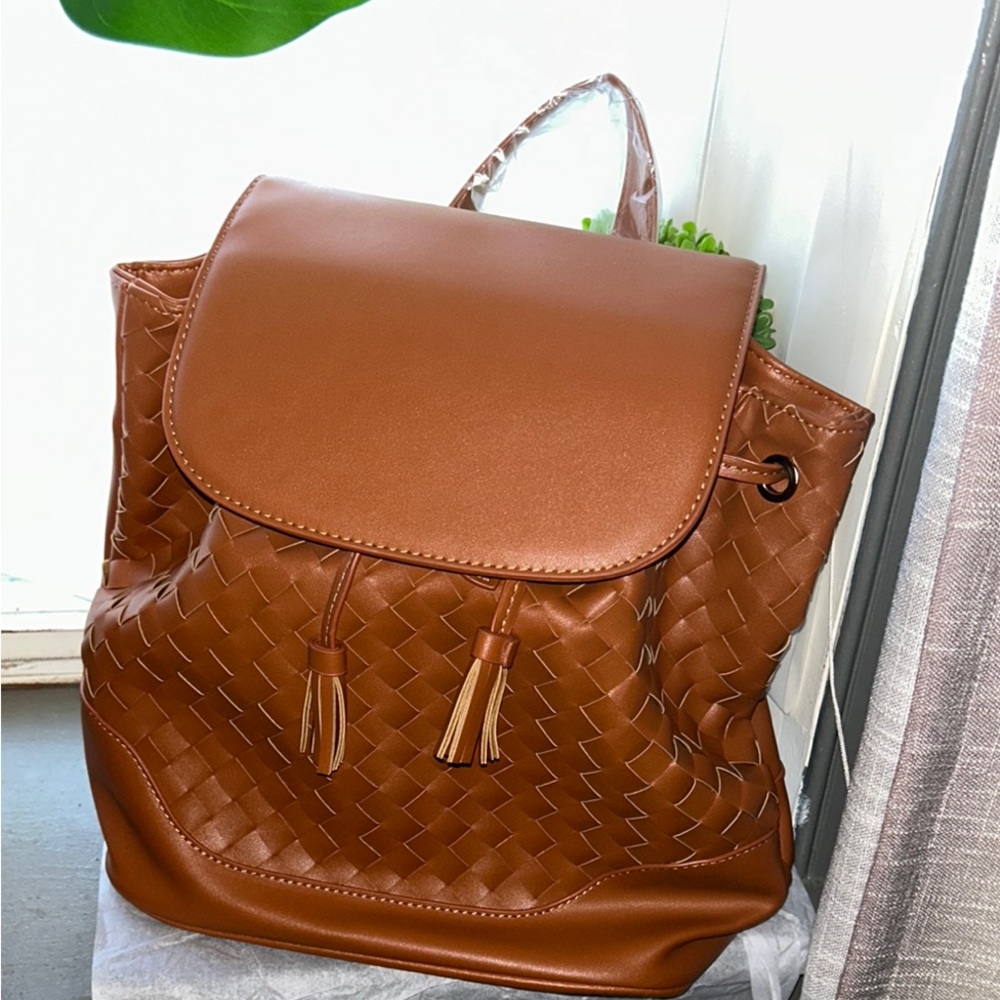 Brown Woven Leather Backpack